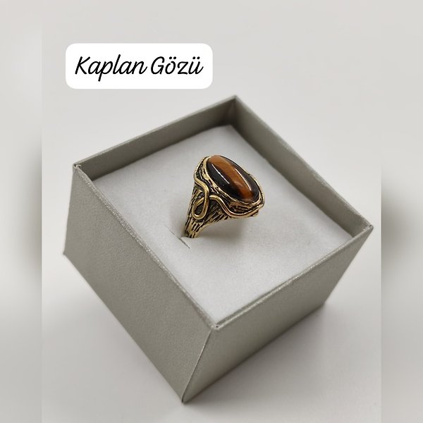 Bronz Kaplama Kaplan Gözü Taşı Ayarlanabilir Yüzük