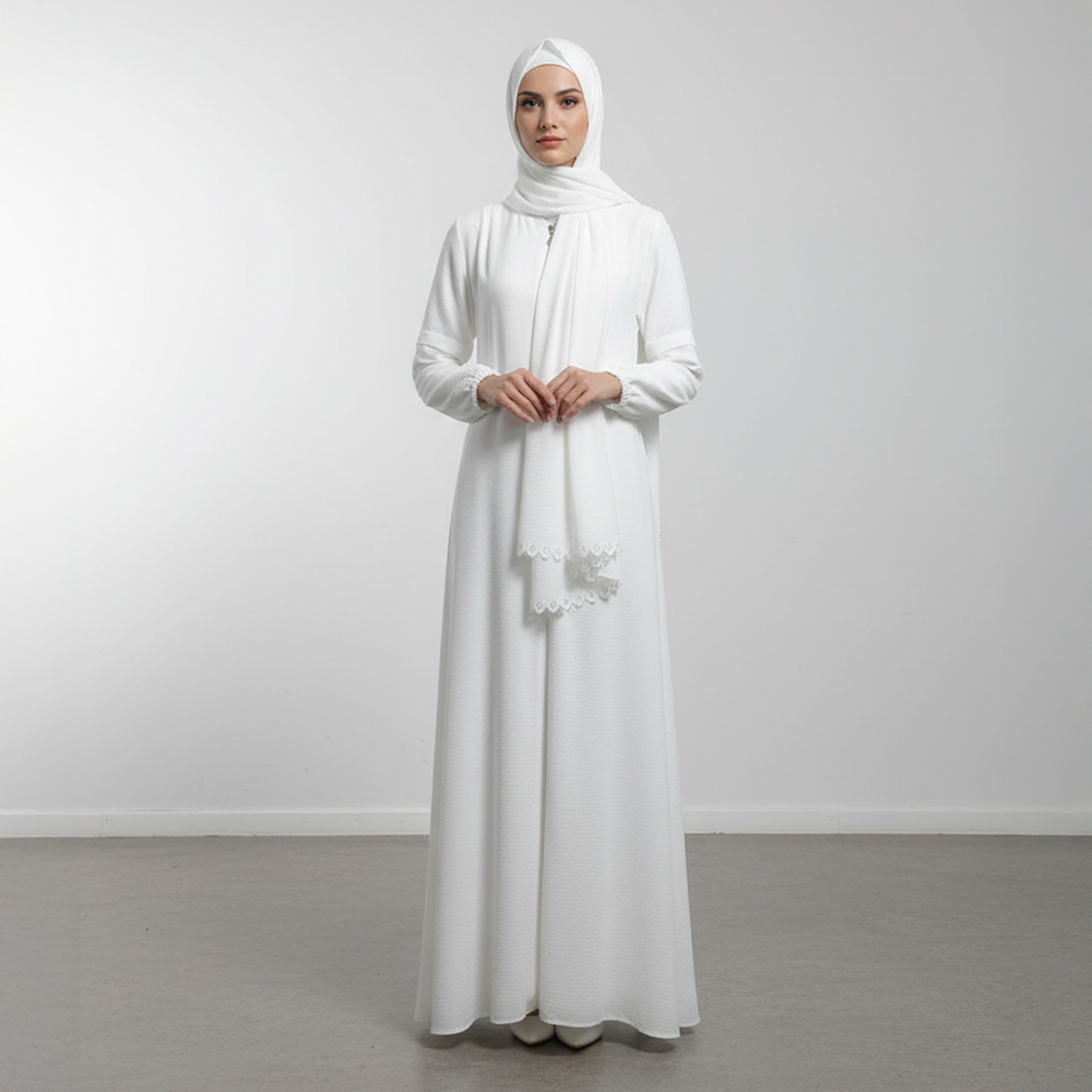 Kendinden Şallı Namaz Elbisesi Beyaz